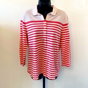 Lands End Women's Long Sleeve Polo Shirt Pink Striped Size Medium 10-12